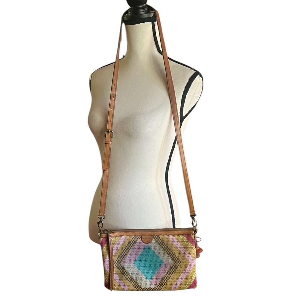 Fossil Sydney Top Zip Crossbody bright colorful weave Cowhide trim Bag.